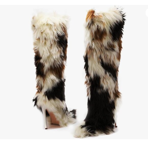 Faux Fur  Knee High Heeled Boots - Picture 4 of 7